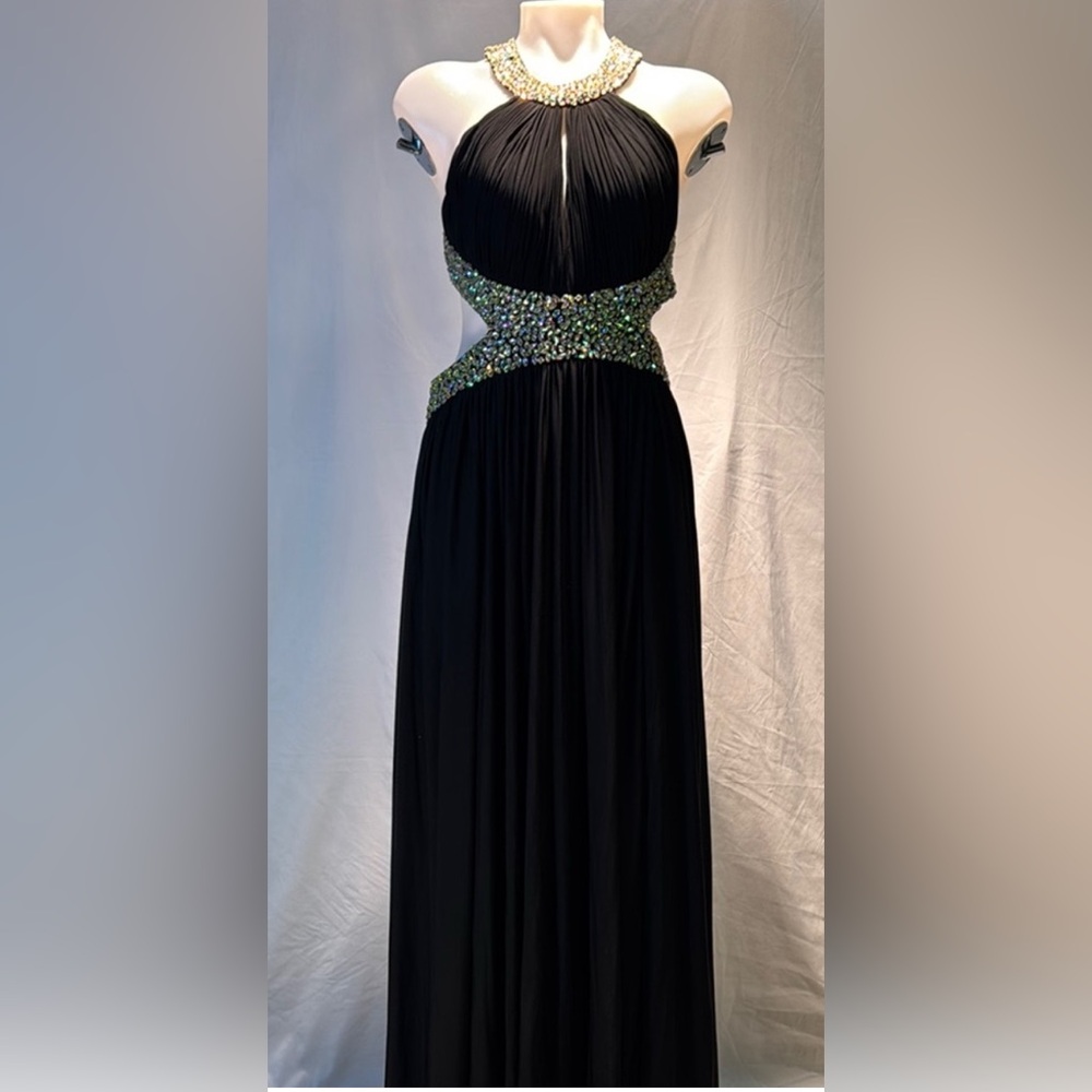 Embellished Black and Green Halter Gown for Prom